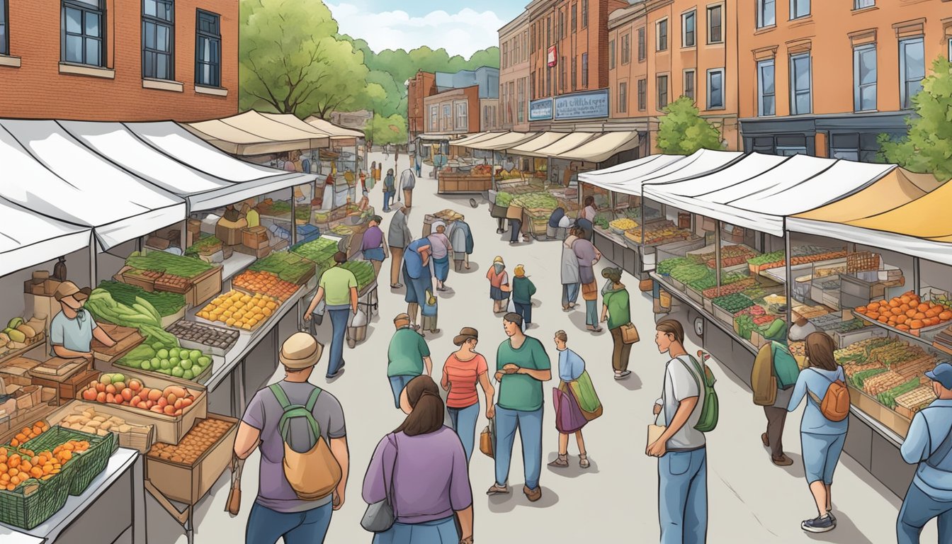 A bustling farmers' market with vendors selling fresh produce, baked goods, and locally-made products in Allentown, PA