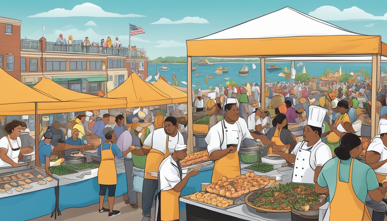 A bustling outdoor food festival with chefs preparing and serving various stuffies in Rhode Island. The aroma of seafood and spices fills the air as people gather to taste and judge the creations