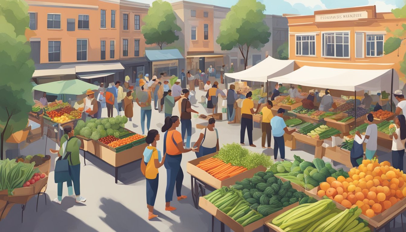 A bustling farmers' market with diverse produce and community members exchanging goods and conversations