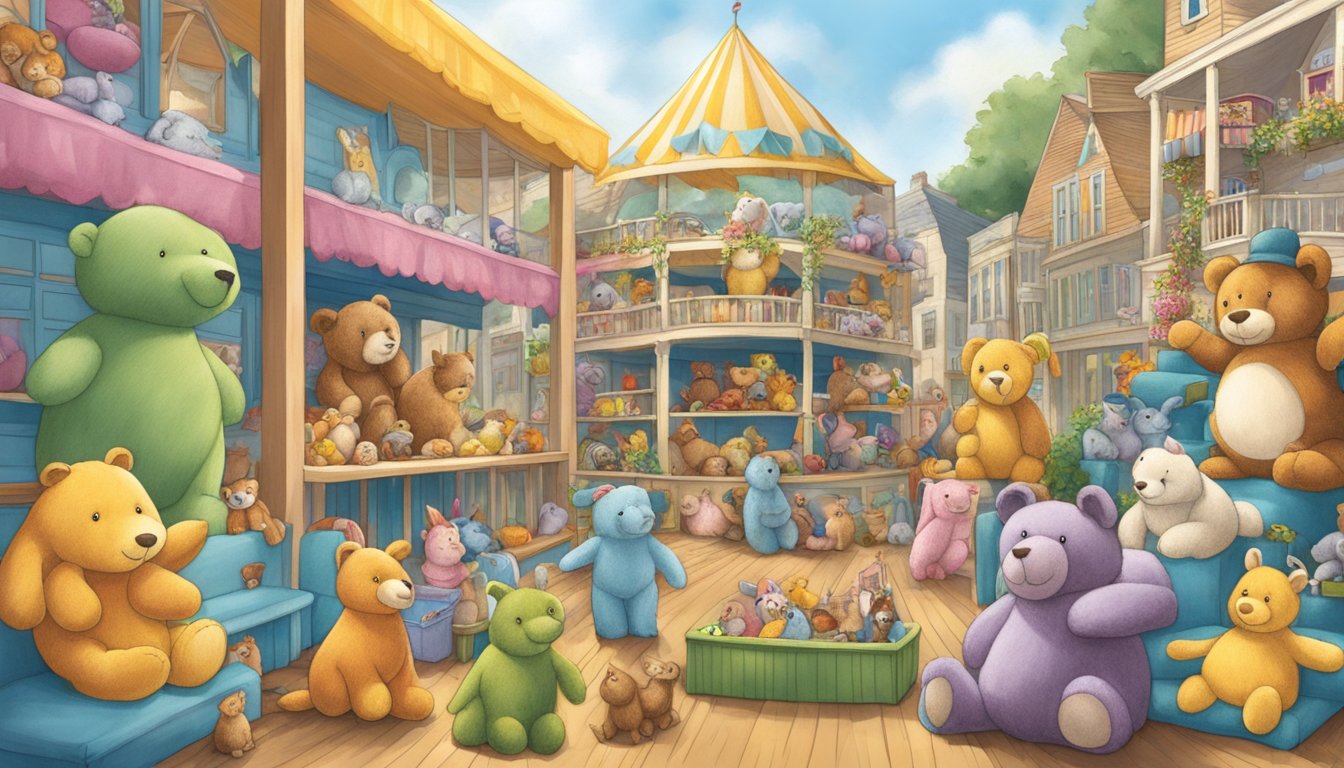 A colorful array of large stuffed animals arranged in a whimsical display, attracting tourists in Rhode Island