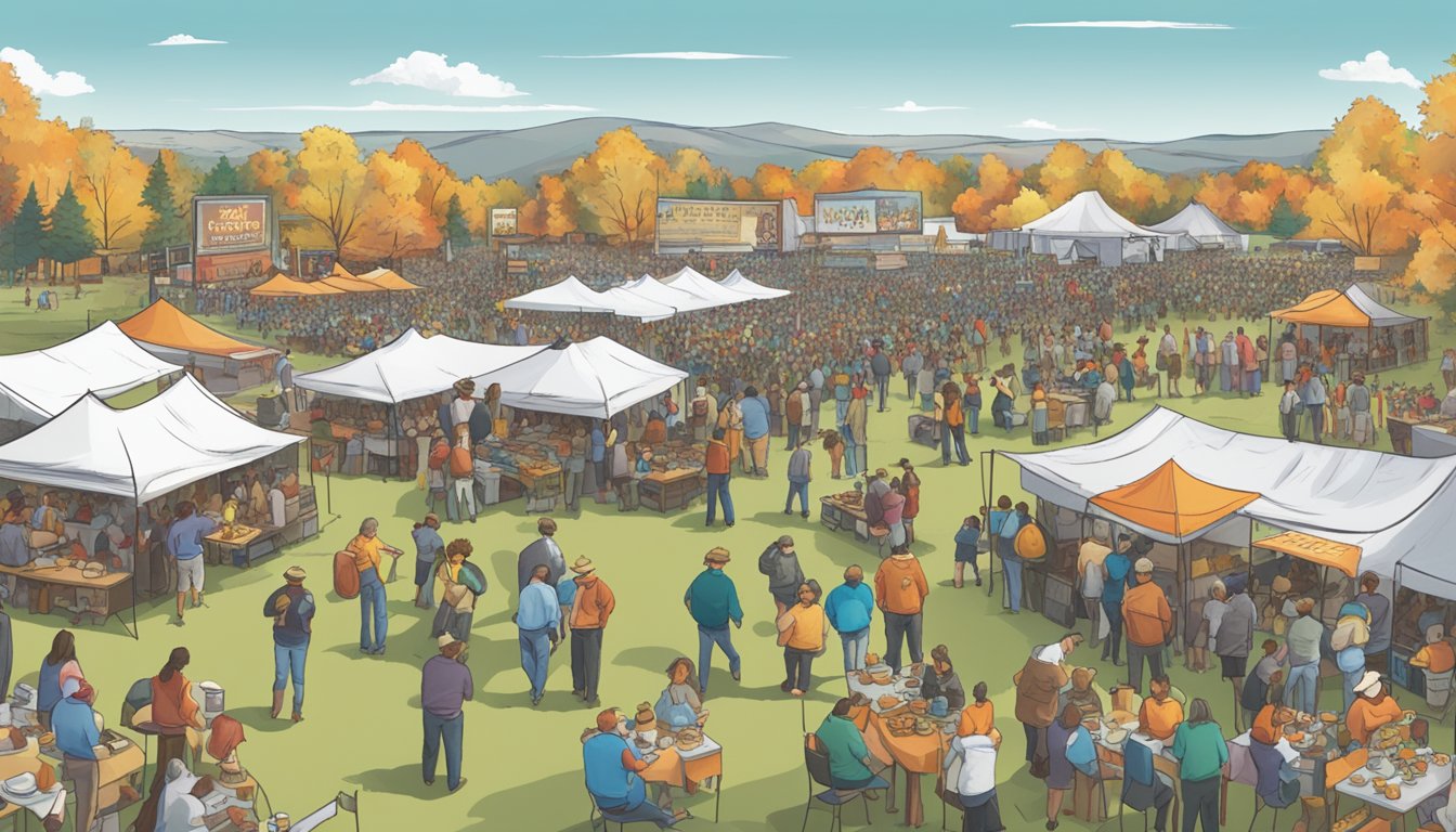 A bustling outdoor festival with tents, food stands, and a large cooking competition area surrounded by spectators. A banner reads "Wyoming Bison Chili Challenge."