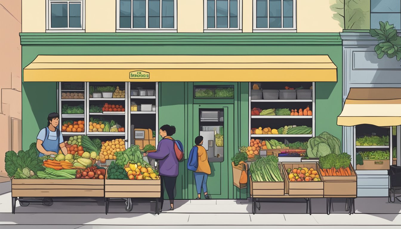 A bustling Berkeley food cooperative with colorful produce, bulk bins, and friendly staff assisting customers