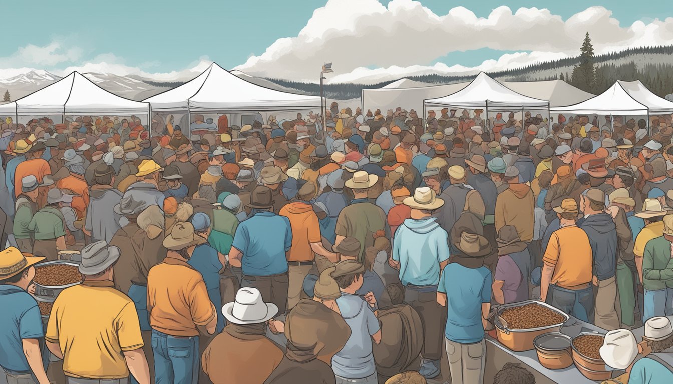 A large crowd gathers around a steaming pot of bison chili at the Wyoming chili challenge, with people eagerly sampling and voting for their favorite recipe