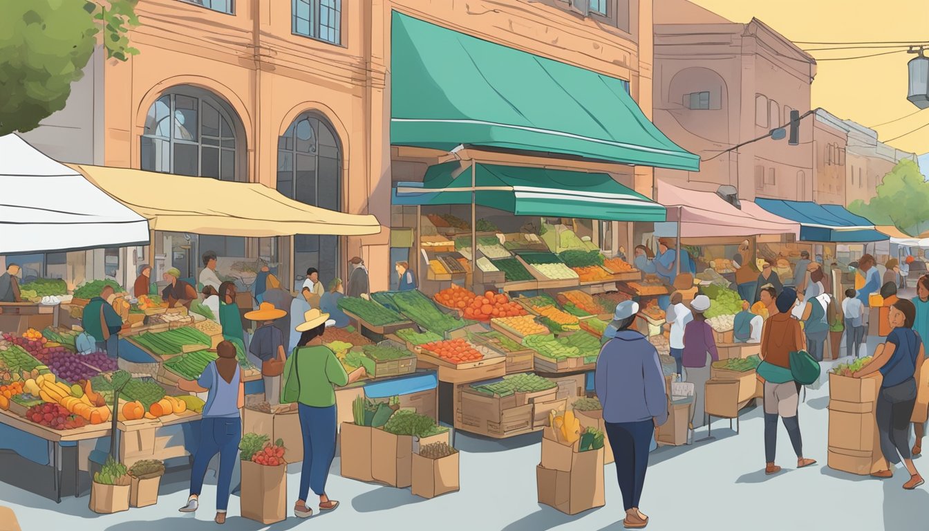 A bustling farmers market with colorful produce stalls and a diverse crowd browsing through local food co-op offerings in Berkeley, CA