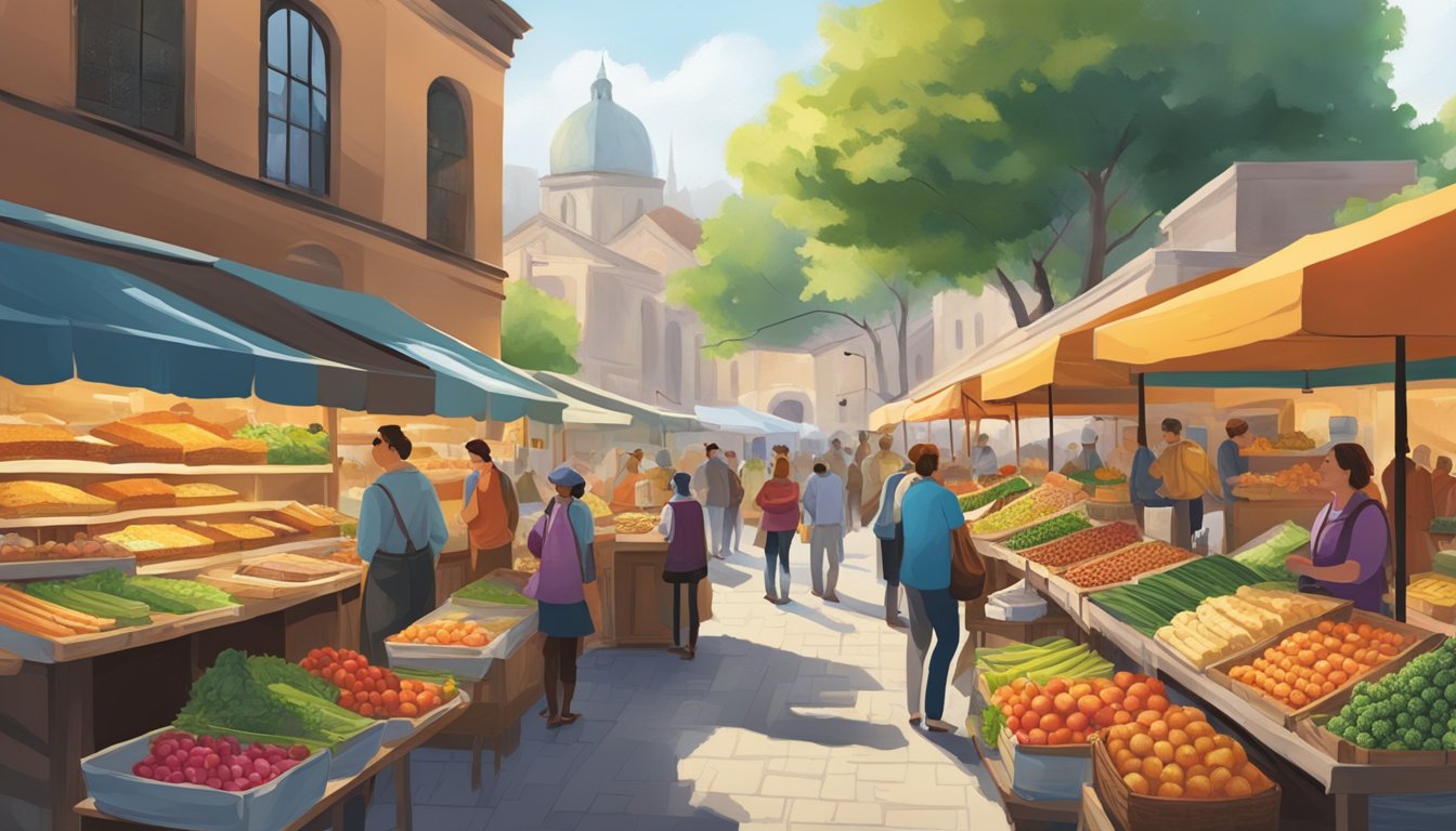 A bustling outdoor market with colorful stalls selling fresh produce, baked goods, and artisanal products. Customers chat with vendors, and the air is filled with the aroma of delicious food