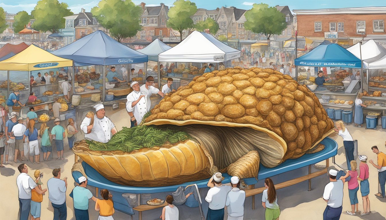 A seaside food festival with chefs creating giant stuffed quahogs, while tourists sample local cuisine in Rhode Island