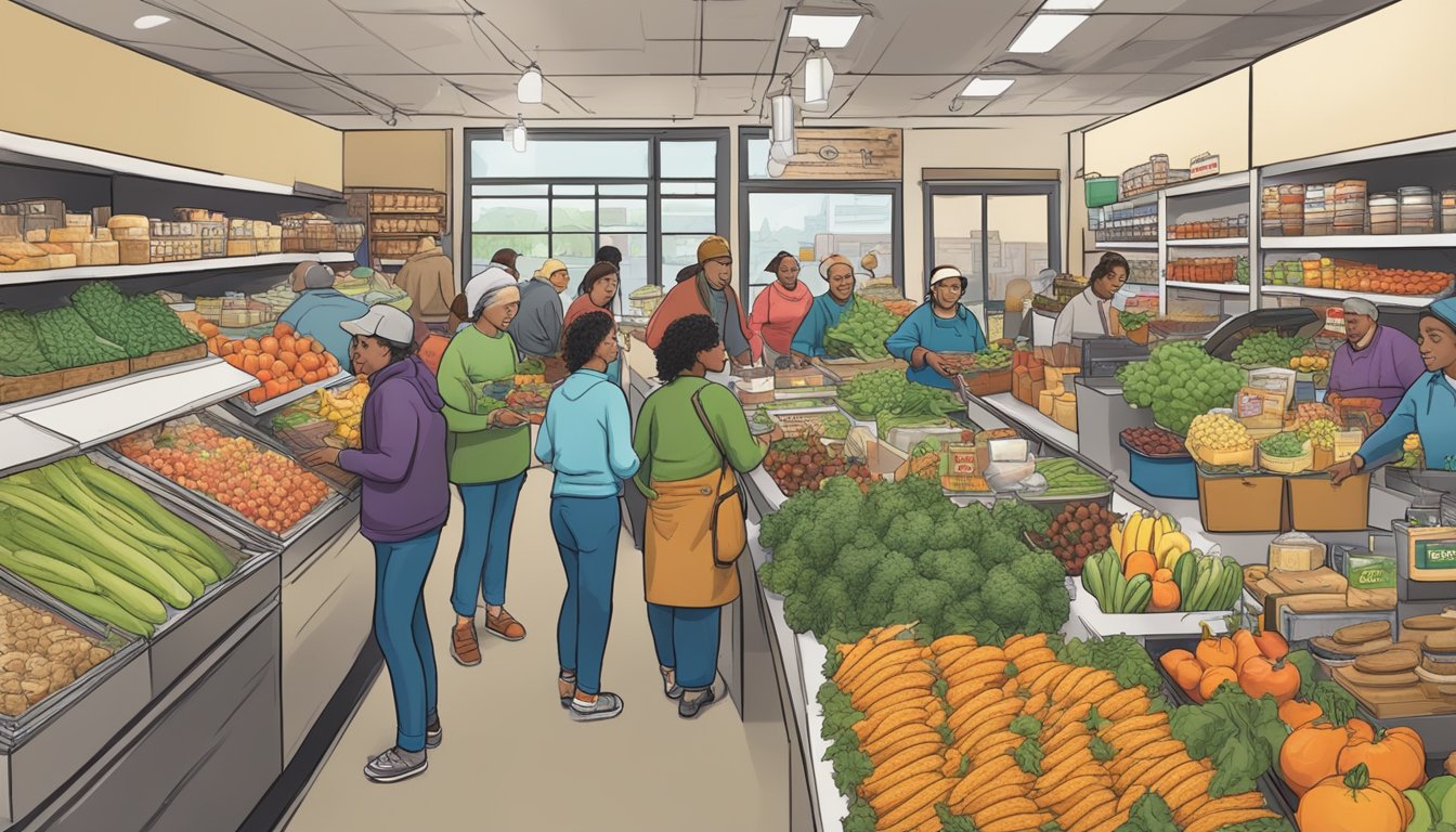 A bustling local food co-op in Allentown, PA, with vendors selling fresh produce, baked goods, and homemade goods. Customers browse the stands, chatting with the friendly vendors