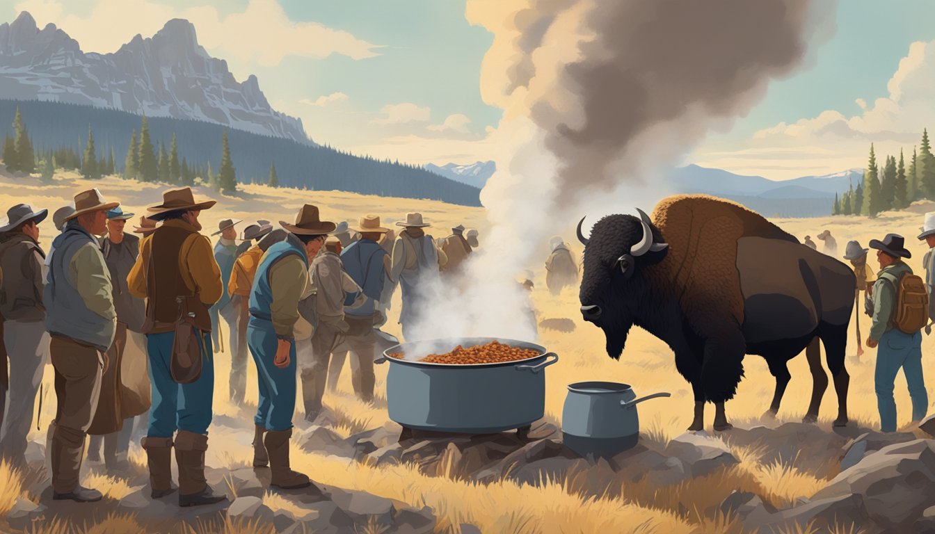 A group of bison gather around a steaming pot of chili, surrounded by eager onlookers in the Wyoming wilderness