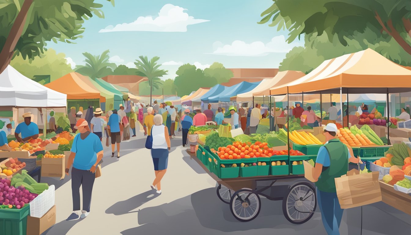 A bustling farmers' market with colorful produce stalls, local vendors, and community members shopping and socializing in Palm Bay, Florida