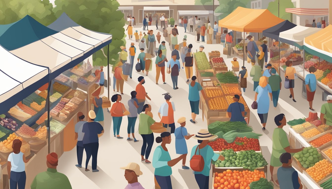 A bustling farmers market with vendors selling local produce and artisanal goods, surrounded by a diverse crowd of engaged community members