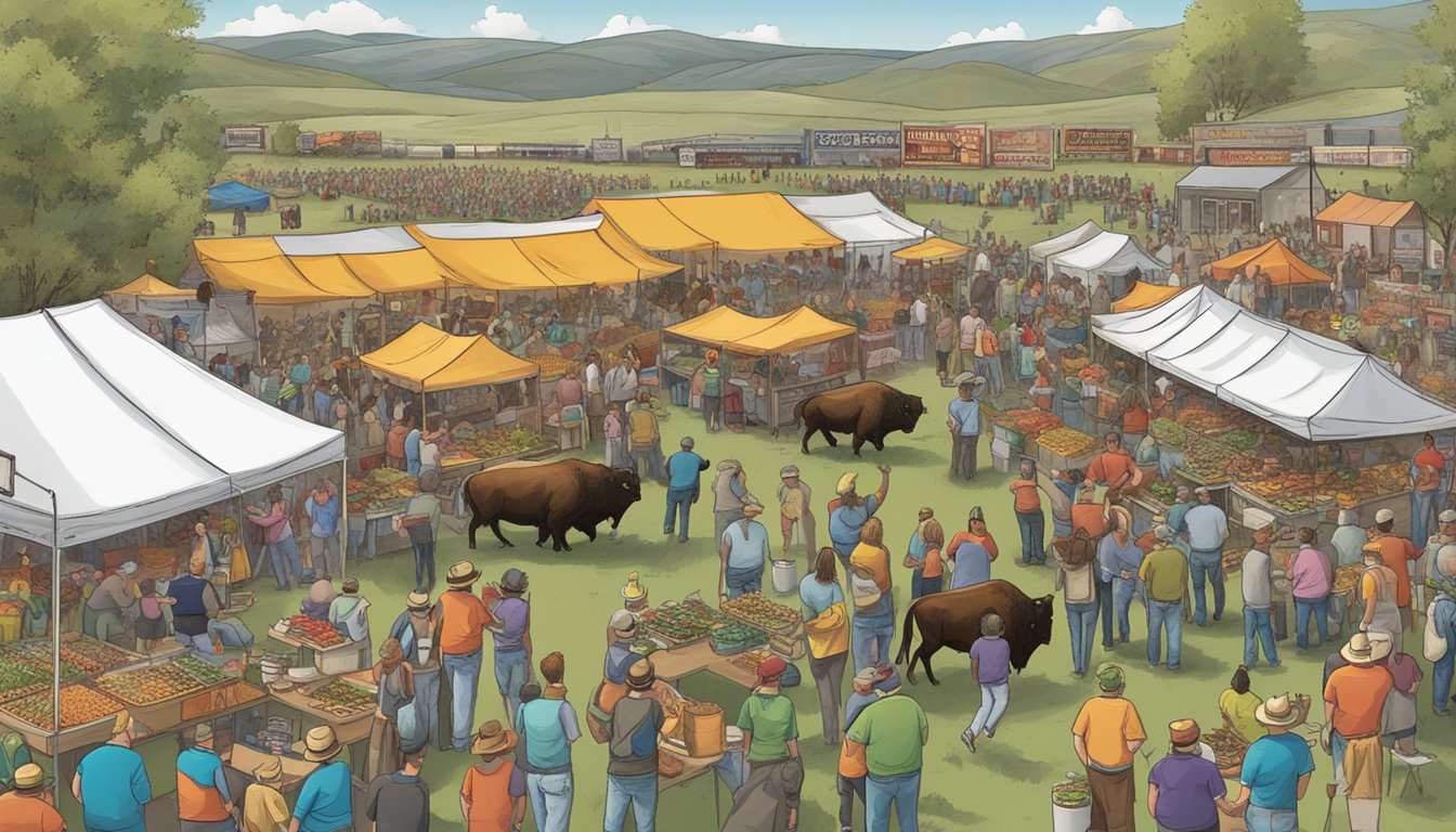 A bustling outdoor festival with vendors, music, and a chili cook-off competition featuring a large banner promoting the "Wyoming Bison Chili Challenge."