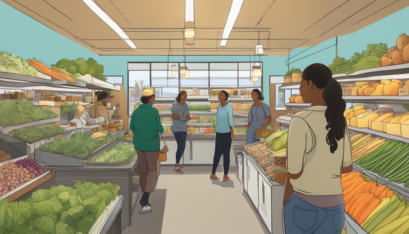 A bustling local food coop in Berkeley, CA, with shelves stocked with organic produce and fair trade goods. Customers chat with staff about sustainable practices