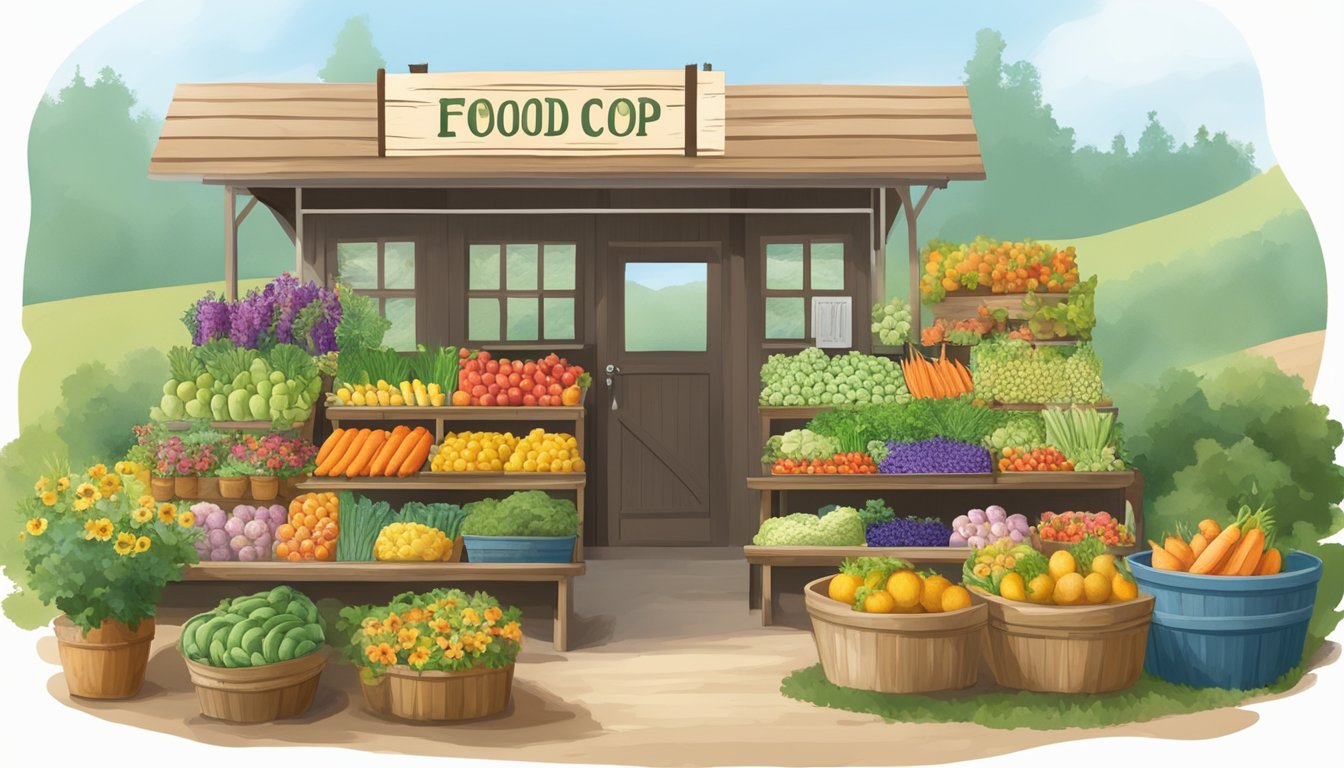 A rustic farm stand surrounded by fields of fresh produce and colorful flowers, with a sign promoting the local food coop