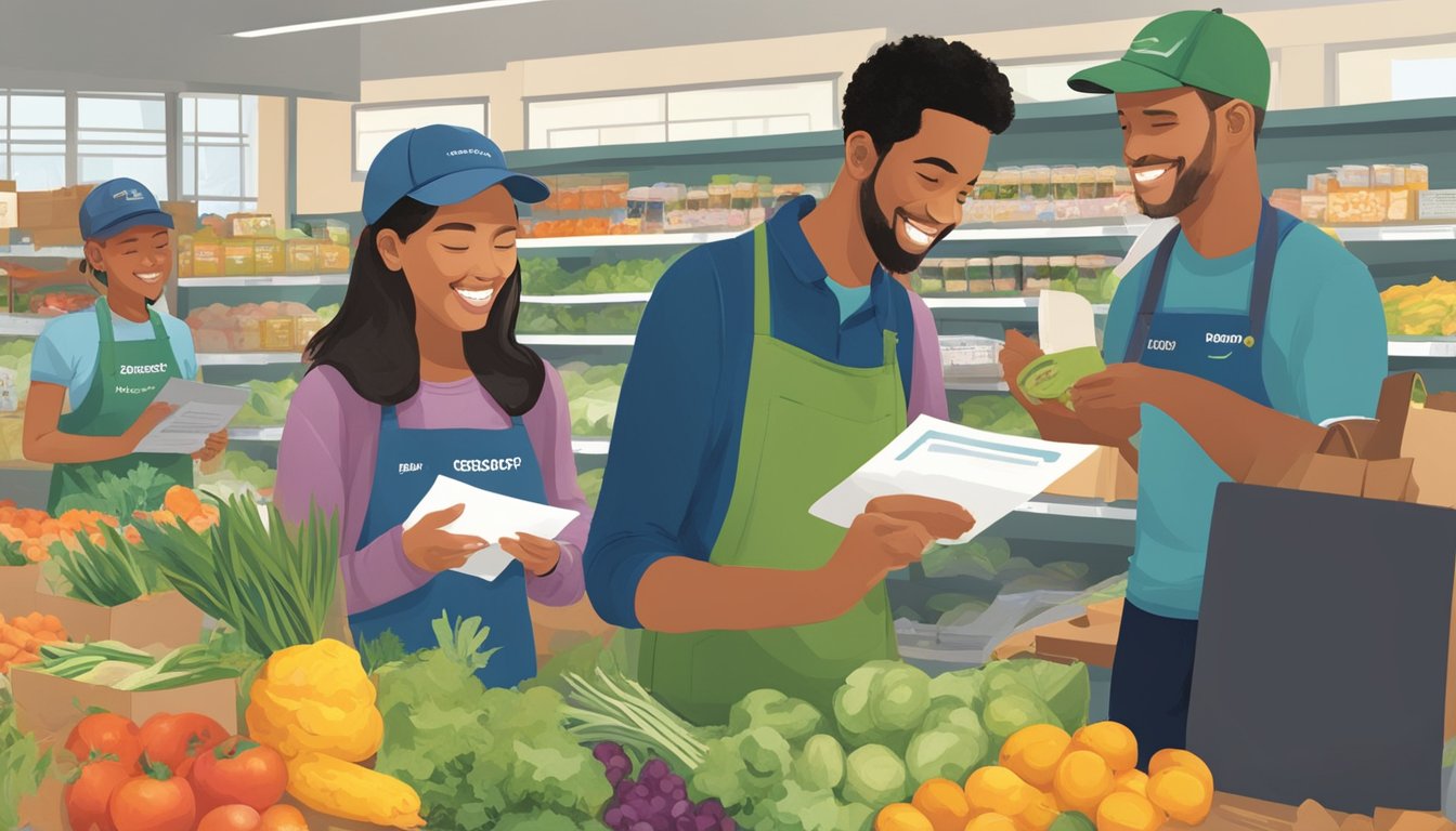 Customers receiving discounts at a local food coop in Berkeley, CA. Volunteers assisting with membership sign-ups