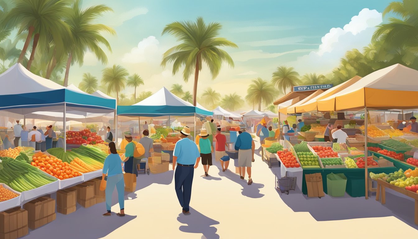 A bustling farmer's market with colorful produce and local vendors, set against a backdrop of palm trees and a sunny Florida sky