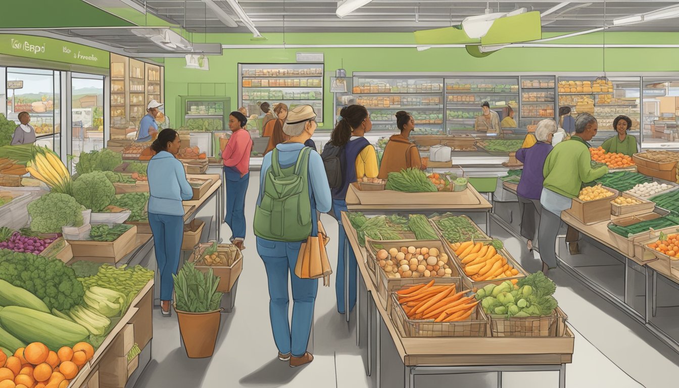 A bustling local food coop in Berkeley, CA hosts educational workshops, with a guide leading a group through the aisles