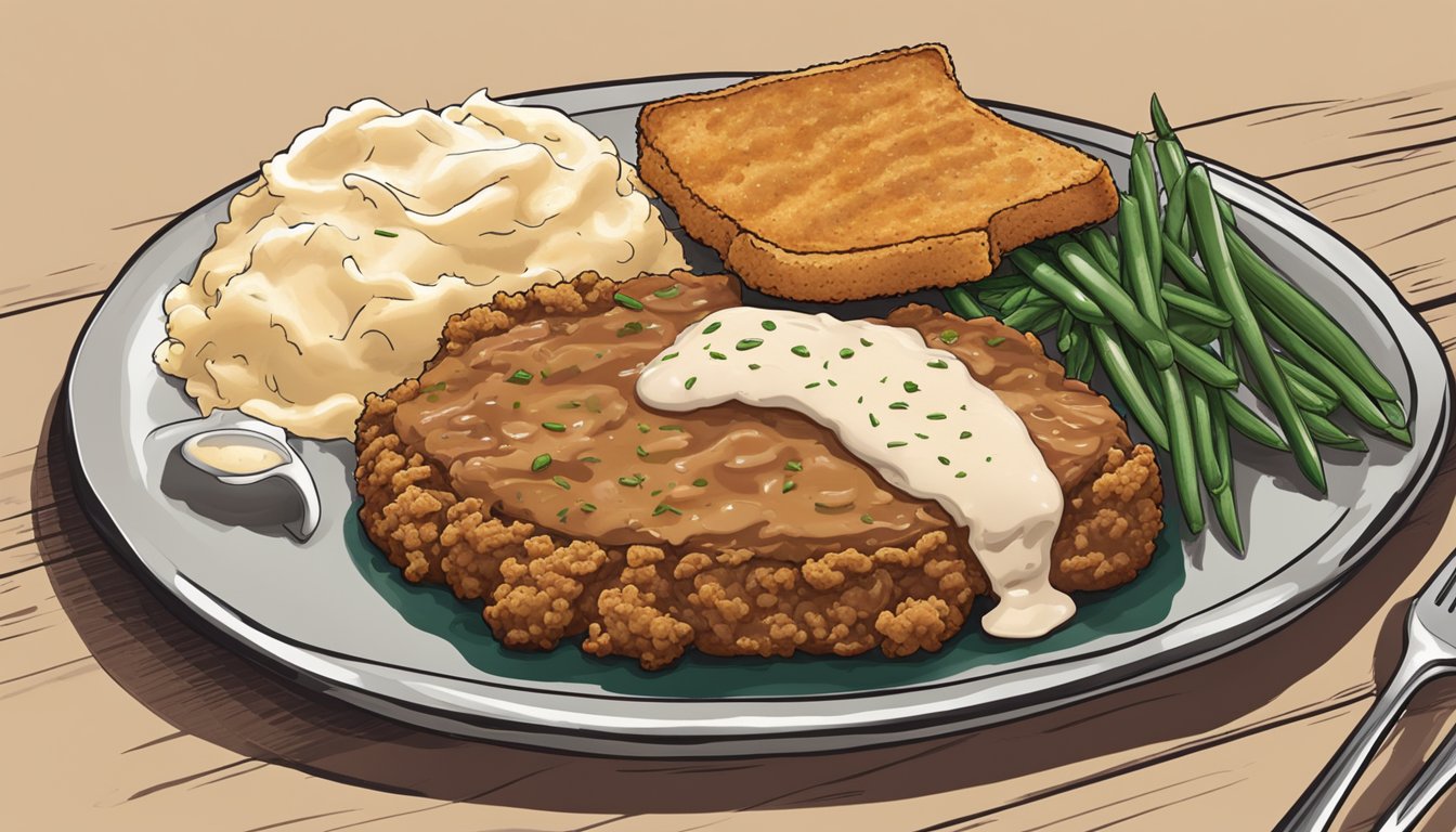 A sizzling chicken-fried steak being served on a platter, surrounded by mashed potatoes and gravy, with a side of green beans and a slice of Texas toast