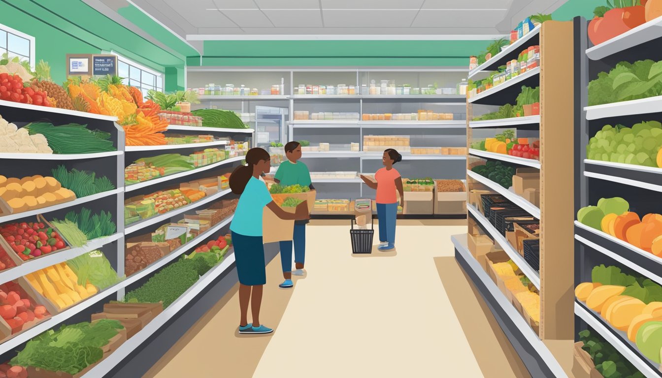 A bustling local food co-op in Palm Bay, FL, with shelves stocked full of fresh produce, grains, and other nutritious goods. Customers engage in conversations with staff about the benefits of healthy eating