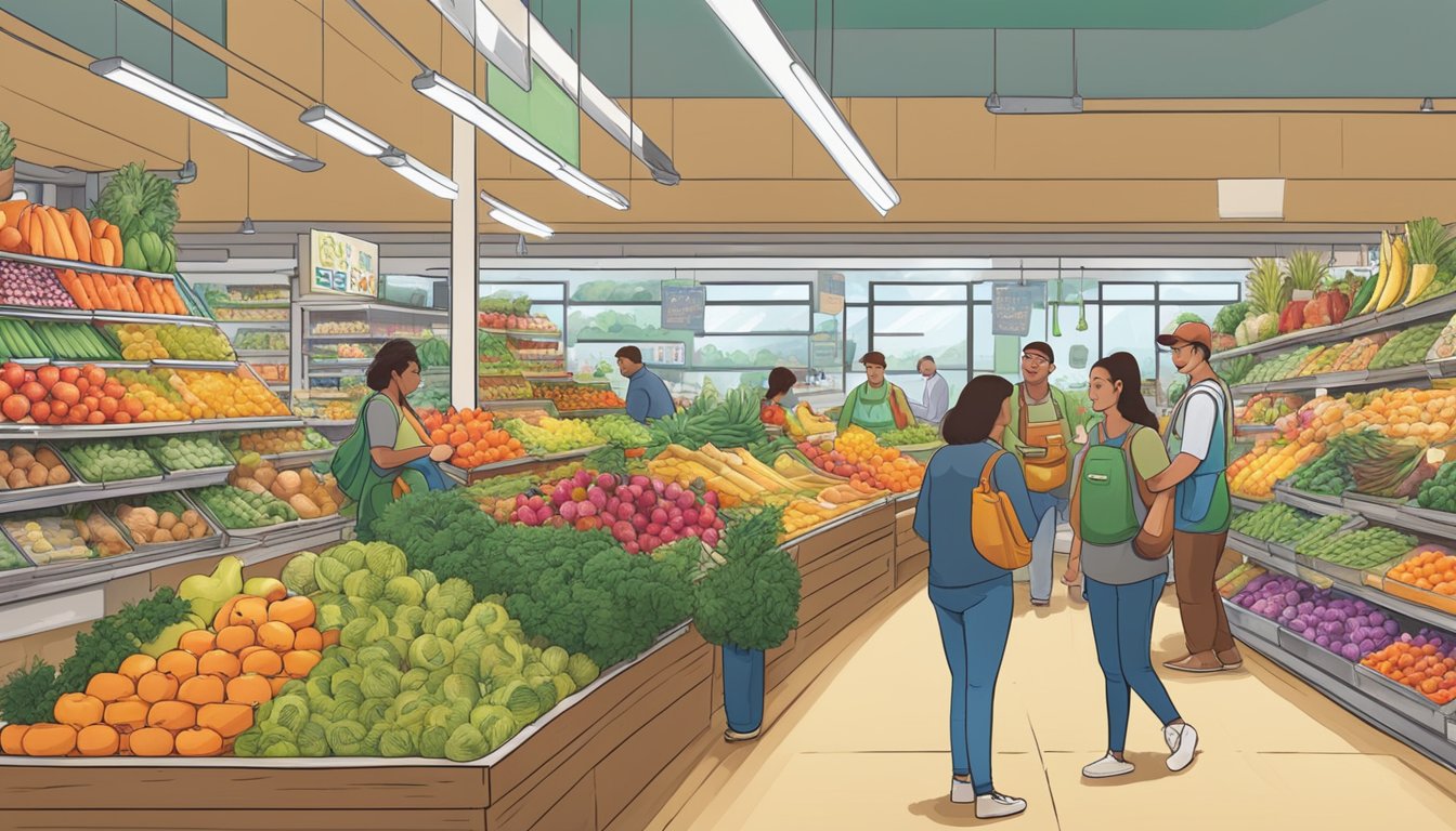 A bustling local food co-op with colorful produce, friendly staff, and community members browsing the aisles