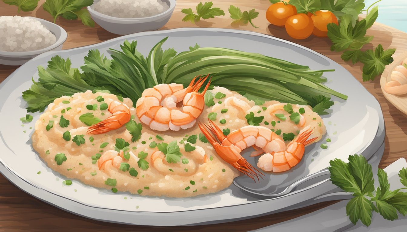 A table set with a steaming plate of shrimp and grits, surrounded by fresh vegetables and herbs