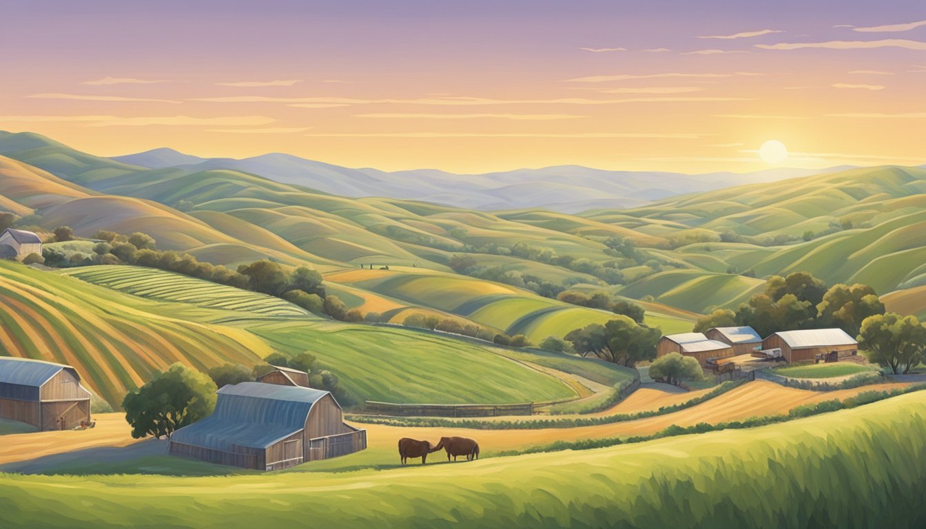 Rolling hills with rows of crops, barns, and grazing animals in Simi Valley, CA. A local food coop stands nearby