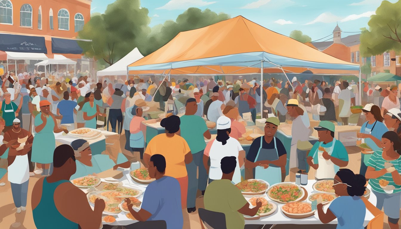 A bustling outdoor food festival with chefs competing in a shrimp and grits cook-off, surrounded by a diverse crowd enjoying live music and local art