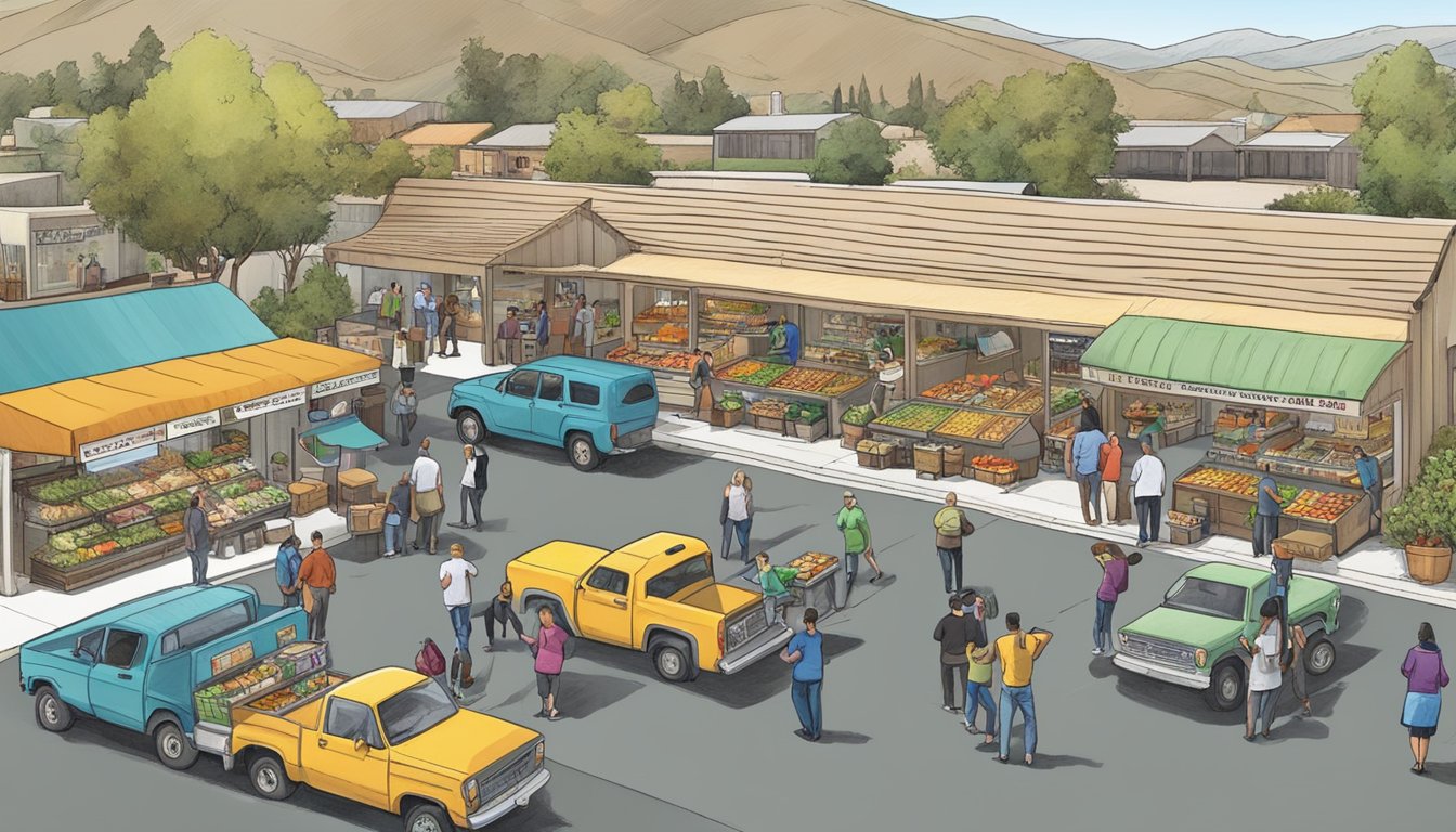 A bustling local food coop in Simi Valley, CA, with vendors and customers engaging in partnerships and collaborations