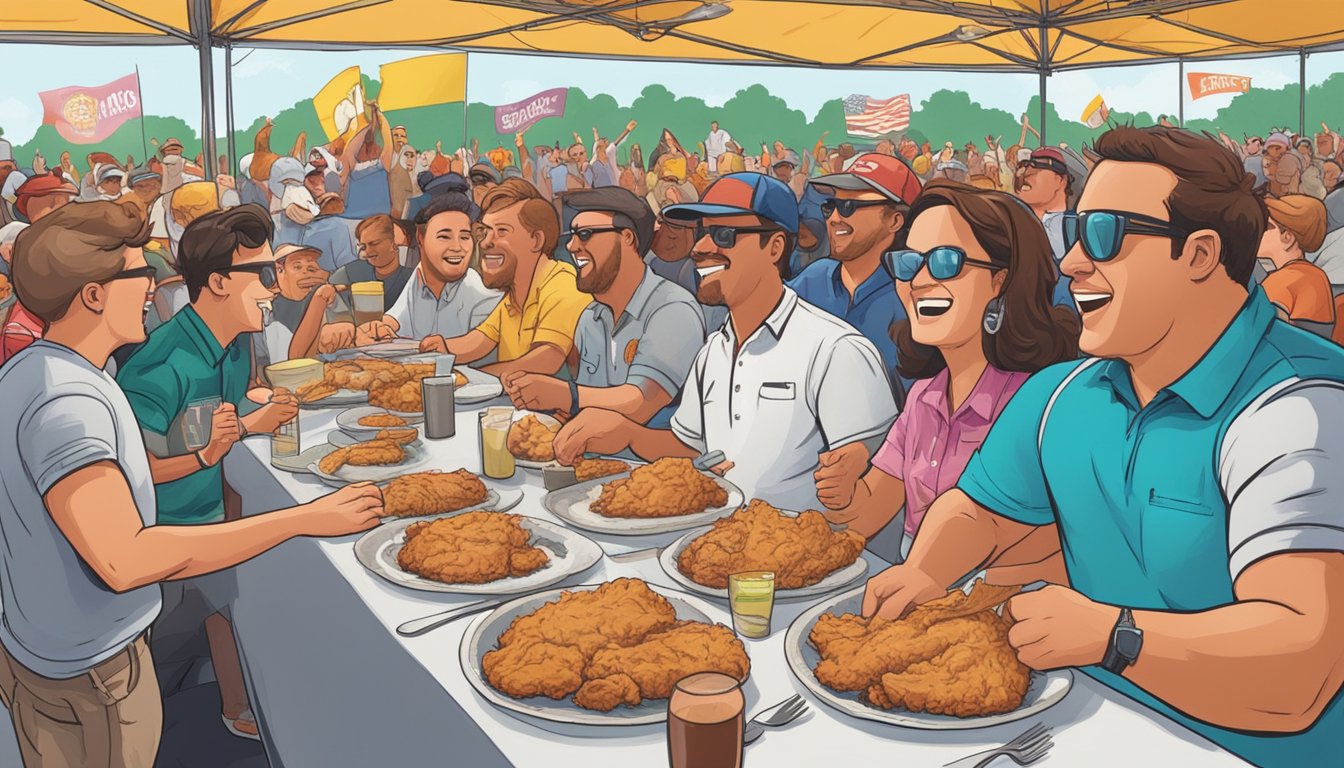 Spectators cheer as contestants tackle massive chicken fried steaks at the Oklahoma challenge. Tables are lined with eager onlookers and colorful banners flutter in the background