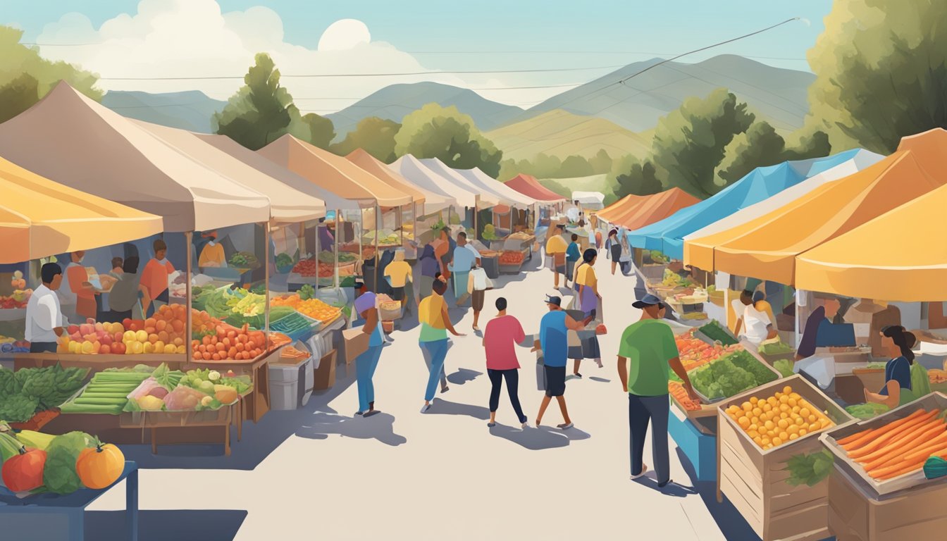 A bustling outdoor market with colorful produce stalls and a variety of local food vendors in Simi Valley, CA