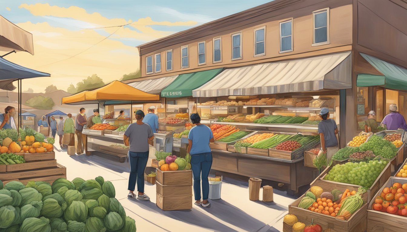 A bustling local food coop with colorful produce, fresh bread, and friendly vendors in Fairfield, CA