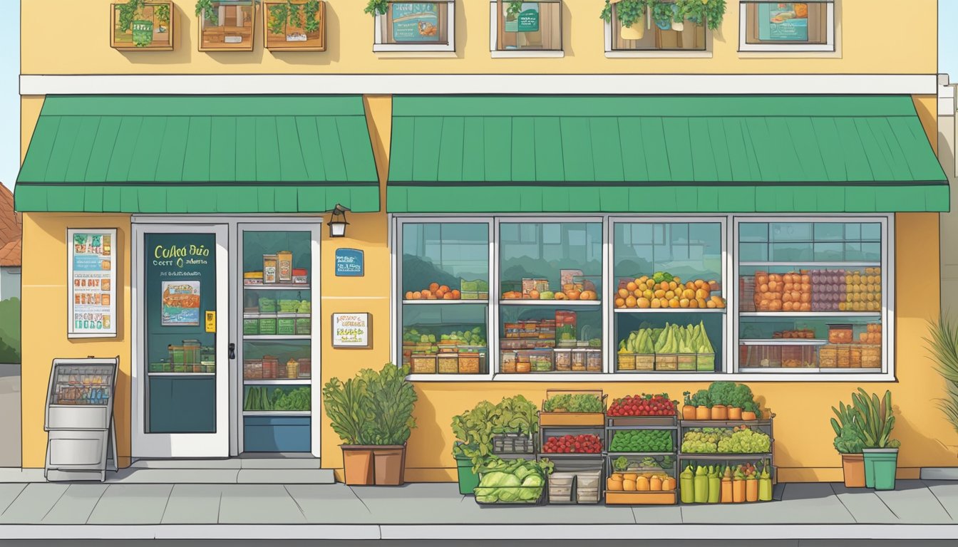 A bustling local food co-op in Simi Valley, CA, with a colorful storefront and a sign displaying the hours of operation