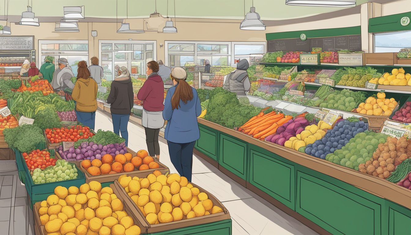 Customers browsing fresh produce and local goods at Athens Co-Op, with colorful displays and a bustling atmosphere