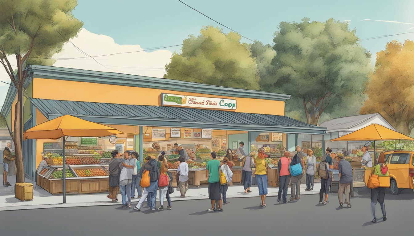 A bustling local food coop in Fairfield, CA, with vendors and visitors interacting and exchanging goods