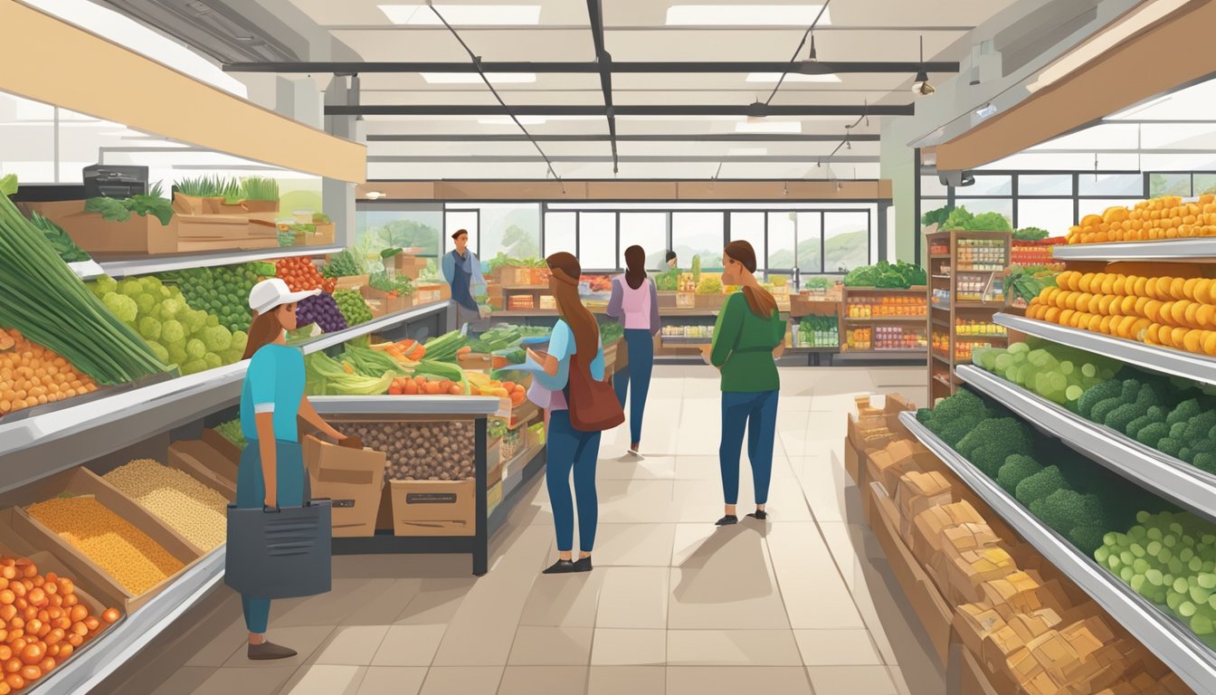 A bustling local food co-op with shelves stocked with fresh produce, grains, and canned goods. Customers browse the aisles and chat with friendly staff