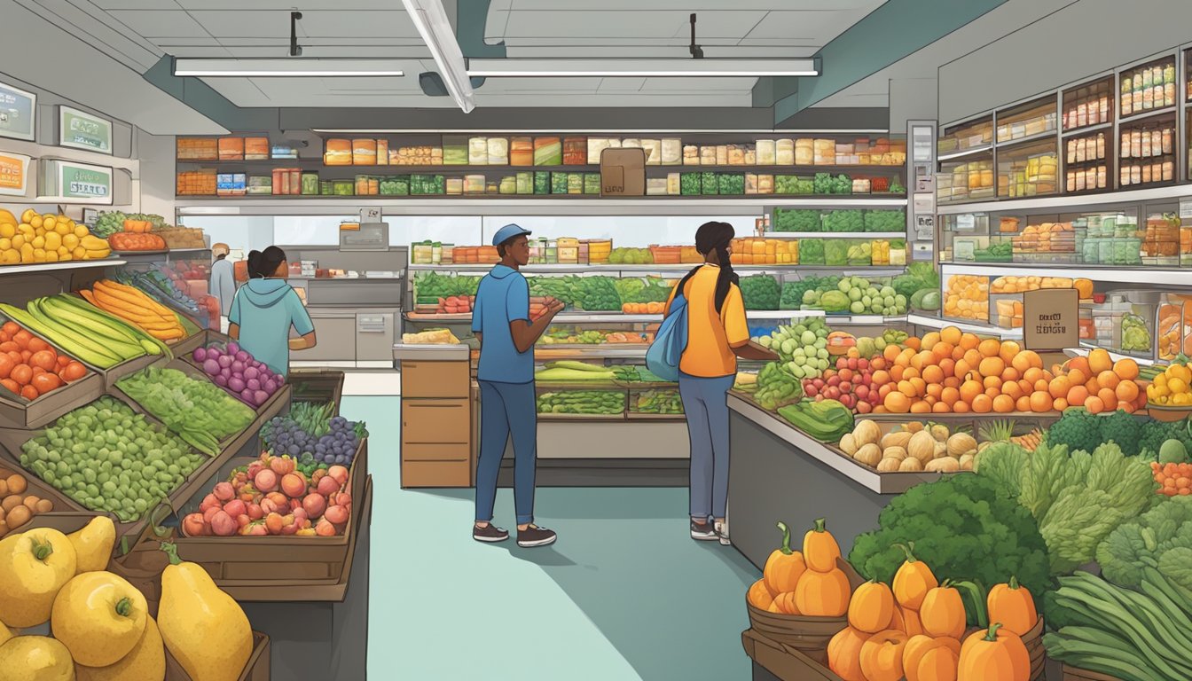 A bustling food co-op with colorful produce, shelves of local goods, and friendly staff assisting customers