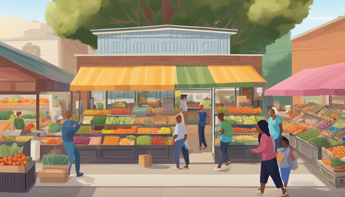 A bustling local food coop in Fairfield, CA, filled with colorful produce, artisanal goods, and diverse customers interacting with vendors