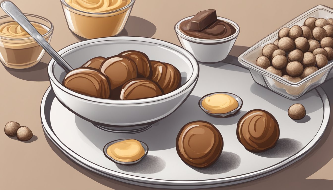 A bowl of peanut butter, powdered sugar, and butter sits next to a tray of chocolate-dipped peanut butter balls. Various toppings and flavorings surround the ingredients