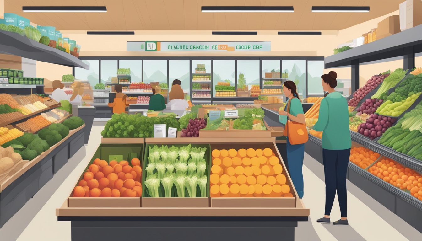 A bustling local food co-op with colorful produce, shelves stocked with organic goods, and friendly staff assisting customers