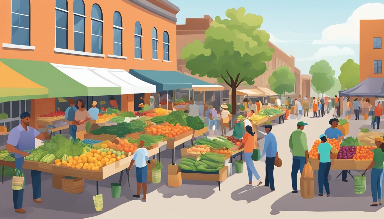 A bustling farmers' market with colorful produce, local vendors, and community members chatting and shopping