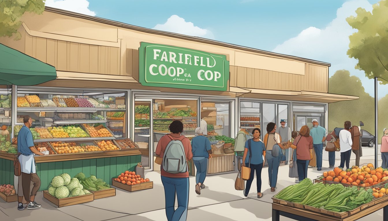 A bustling local food co-op in Fairfield, CA, with vendors and customers browsing fresh produce and artisan goods