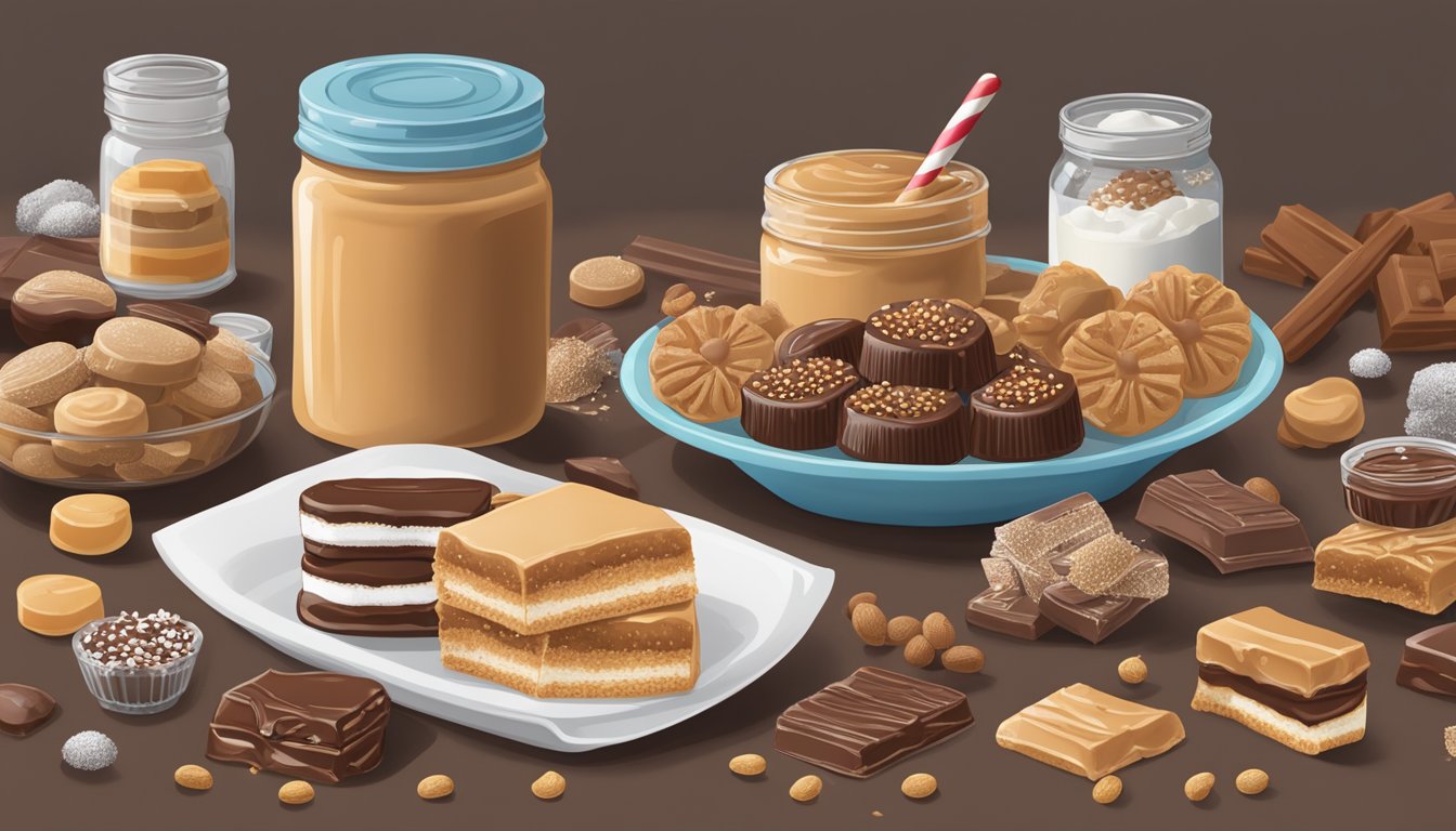 A table adorned with Buckeye candies surrounded by ingredients like peanut butter, chocolate, and powdered sugar