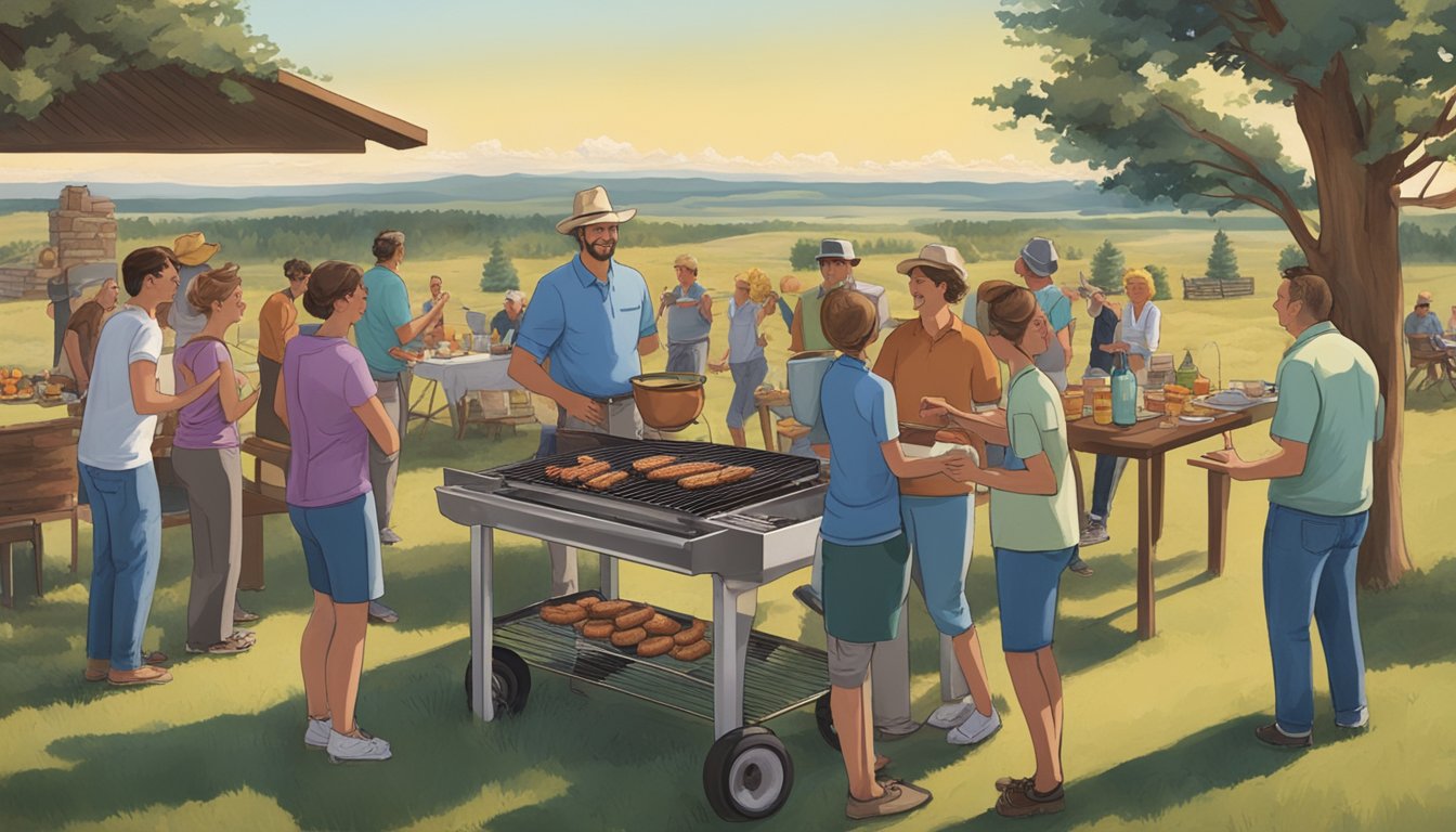 A group of people gather around a grill, cooking and sharing chislic, while others socialize and enjoy the South Dakota landscape