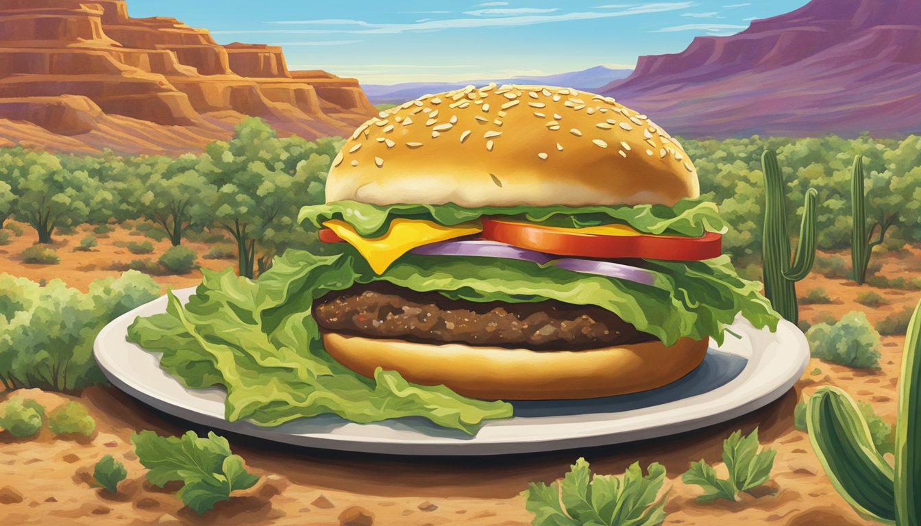 A sizzling green chile cheeseburger surrounded by vibrant New Mexico landscapes