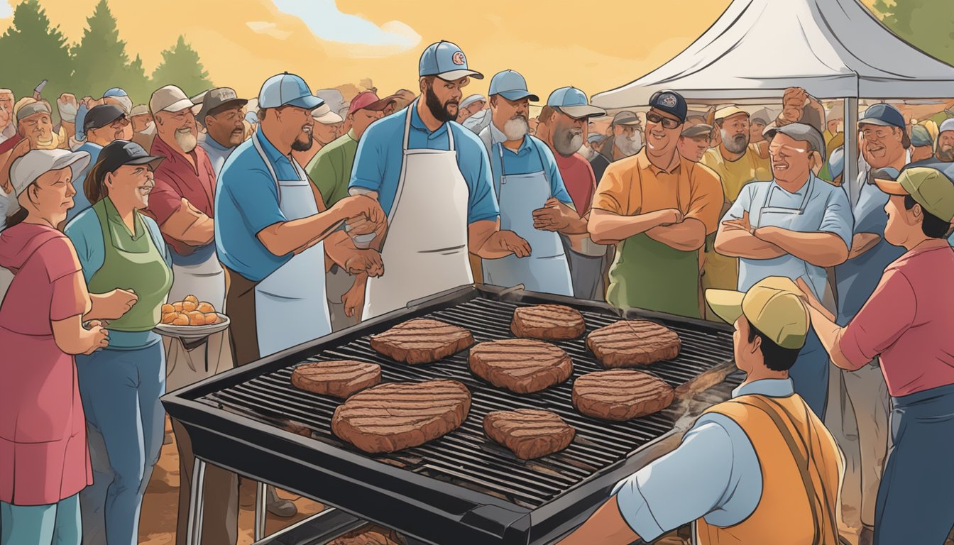 A sizzling grill cooks chunks of seasoned meat, surrounded by a lively crowd at the Chislic Challenge in South Dakota