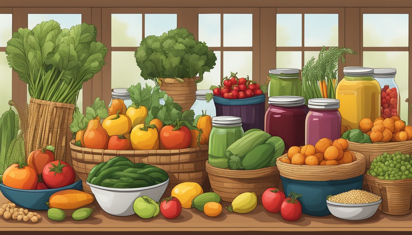 A colorful array of fresh fruits and vegetables arranged in a bountiful display, surrounded by baskets of locally-sourced grains and jars of homemade preserves