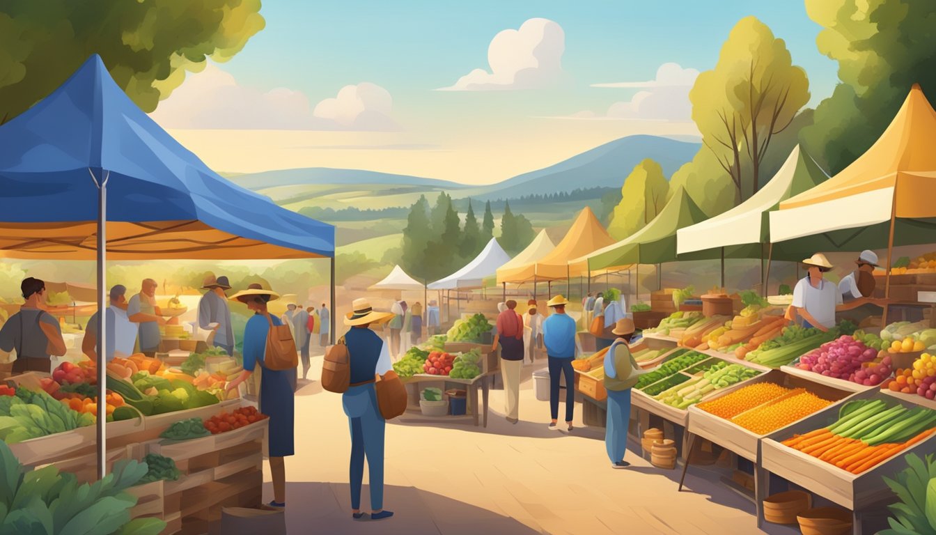 A bustling farmers market with colorful stalls filled with fresh produce, local honey, and artisanal goods, surrounded by a picturesque rural landscape