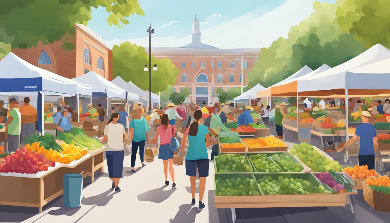 A bustling farmers market with colorful produce stalls, local food co-op booths, and a lively atmosphere in College Station, TX