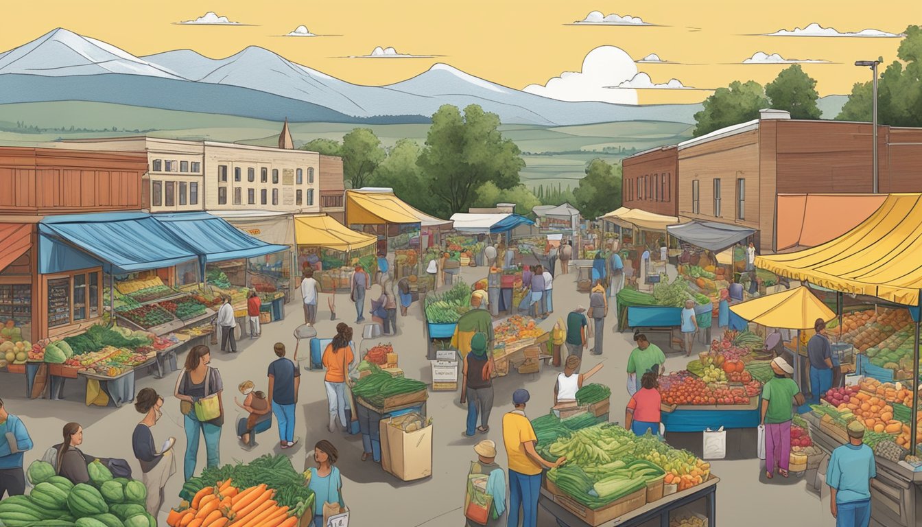 A bustling farmer's market with diverse produce, local vendors, and a backdrop of the Billings, MT landscape