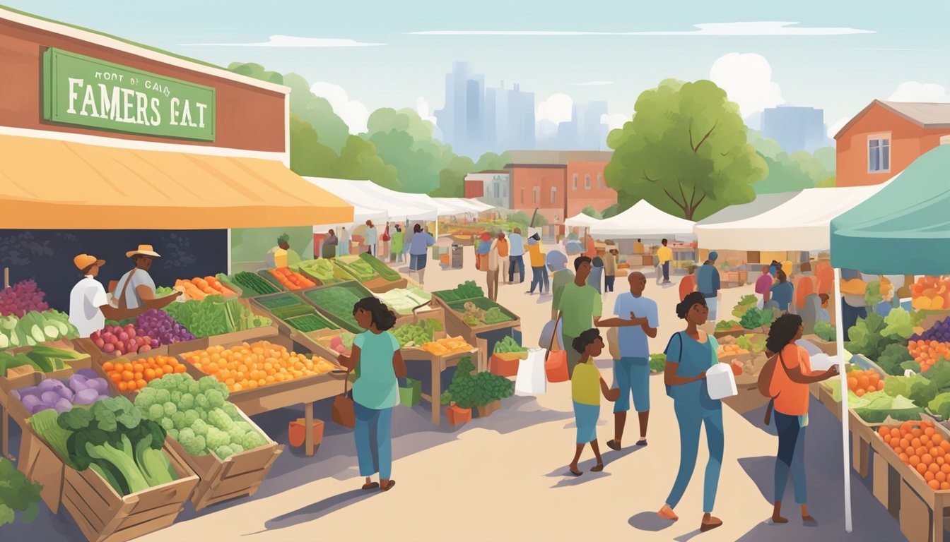 A bustling farmers market with colorful produce, local vendors, and community members browsing and chatting. Nearby, a CSA pickup station with crates of fresh, organic vegetables