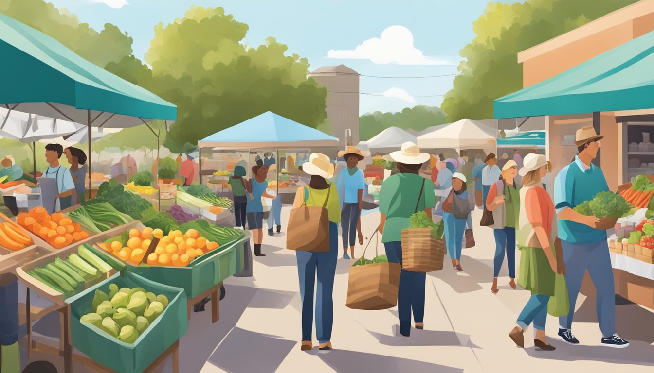 A bustling farmers market with colorful stalls and a variety of fresh produce. Customers browse and interact with vendors at Key Local Farms and Co-ops in College Station, TX